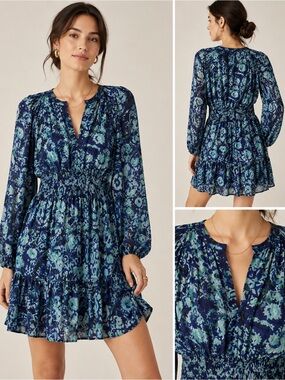 Anthropologie Navy and Teal Floral Smocked Mini Dress Size Medium